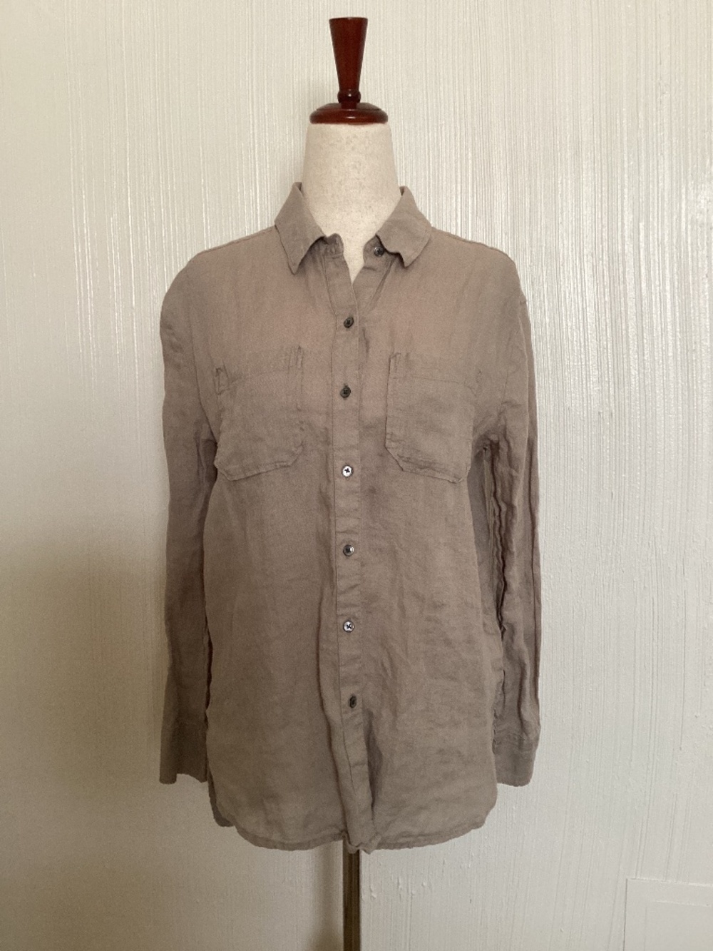 $225 James Perse 100% Linen Shirt 0 Tan Gray Button Up Collared Long Sleeve S M